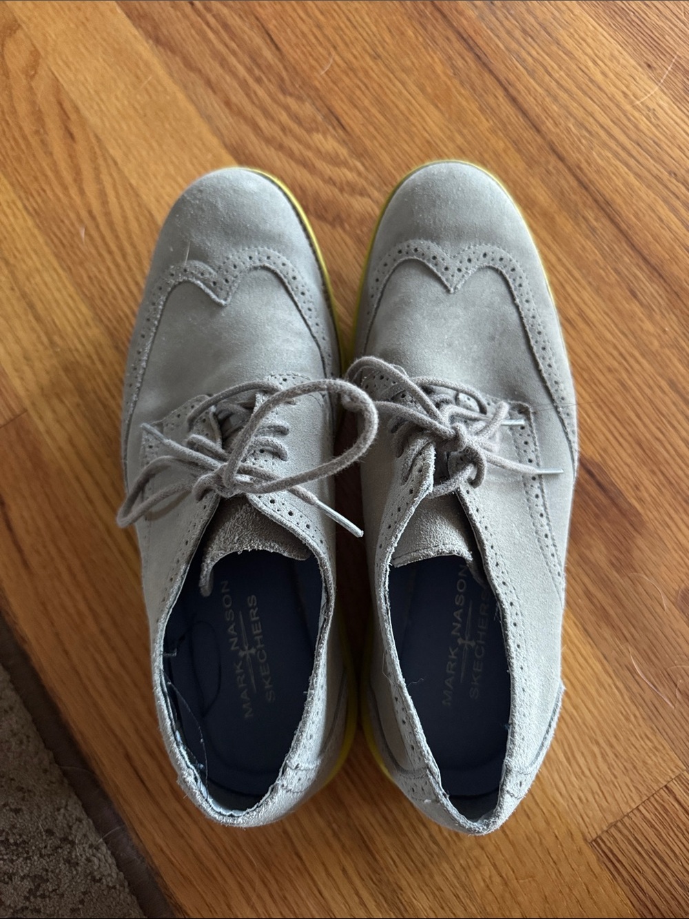 Mark Nason Gray Suede Wingtip Derby with Yellow Accent Sole